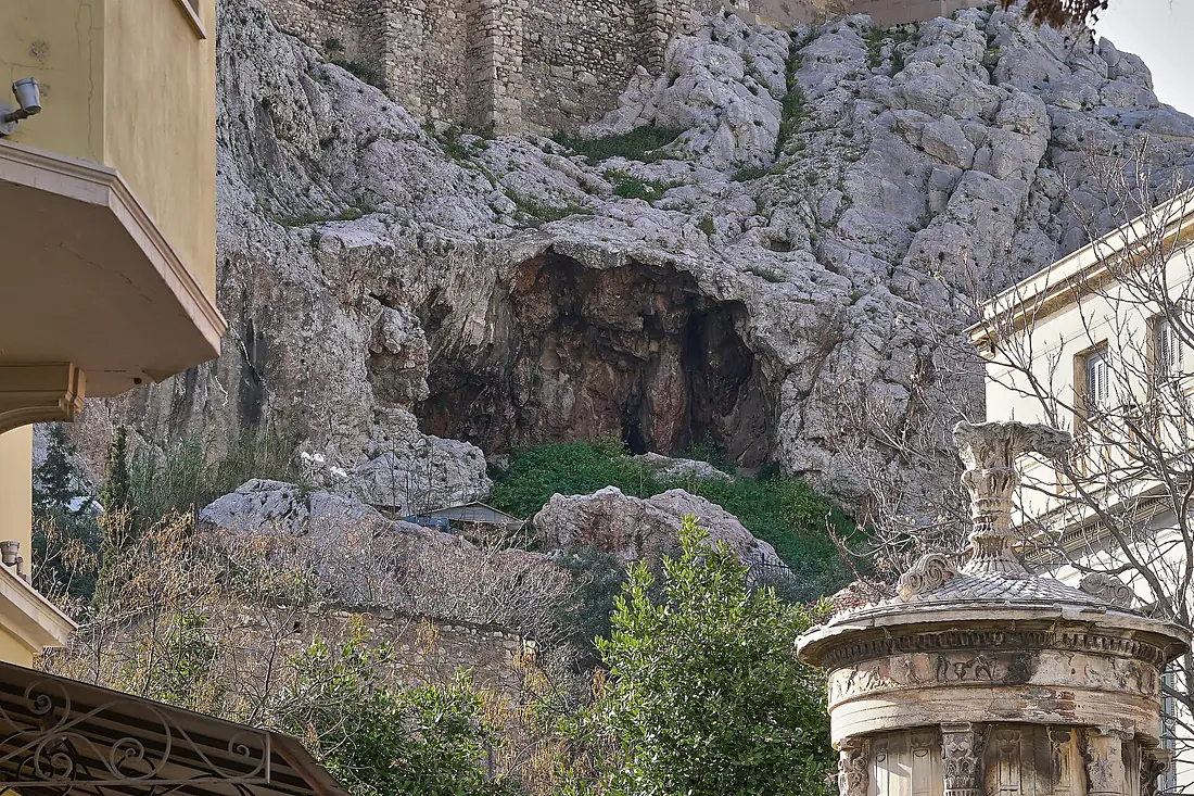 The "Sanctuary of Aglaurus" Cave on the East Slope of the Acropolis from Lysicrates Street on March 11, 2020