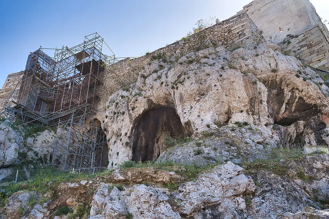 The sanctuaries of Pan, Zeus, and Apollo on the Acropolis of Athens on March 22, 2021