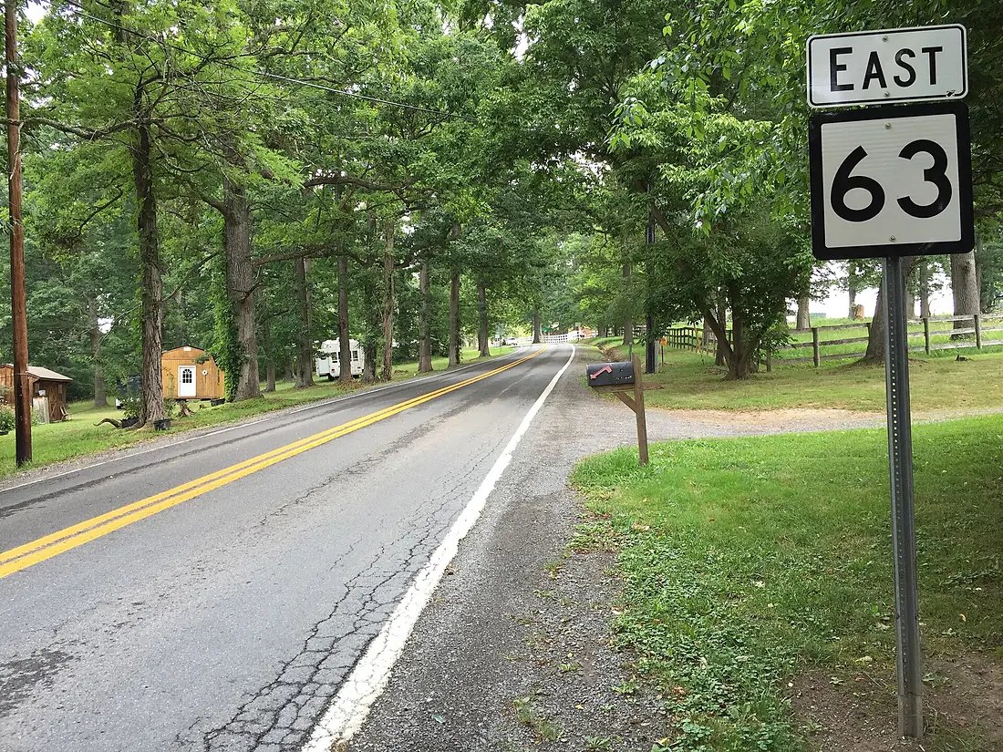 2017-07-21 12 29 14 View east along West Virginia State Route 63 (Monroe Draft) at U.S. Route 219 (Seneca Trail) in Organ Cave, Greenbrier County, West Virginia